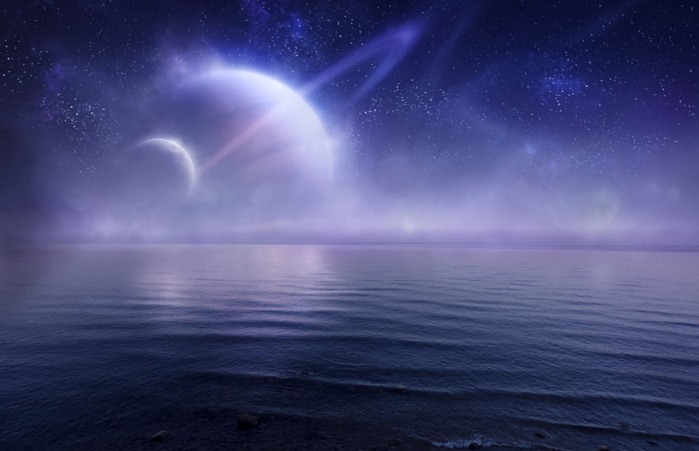 Tranquil ocean at night against starry sky and two planets Canvas Art - Evgeny KuklevStocktrek Images (18 x 12)