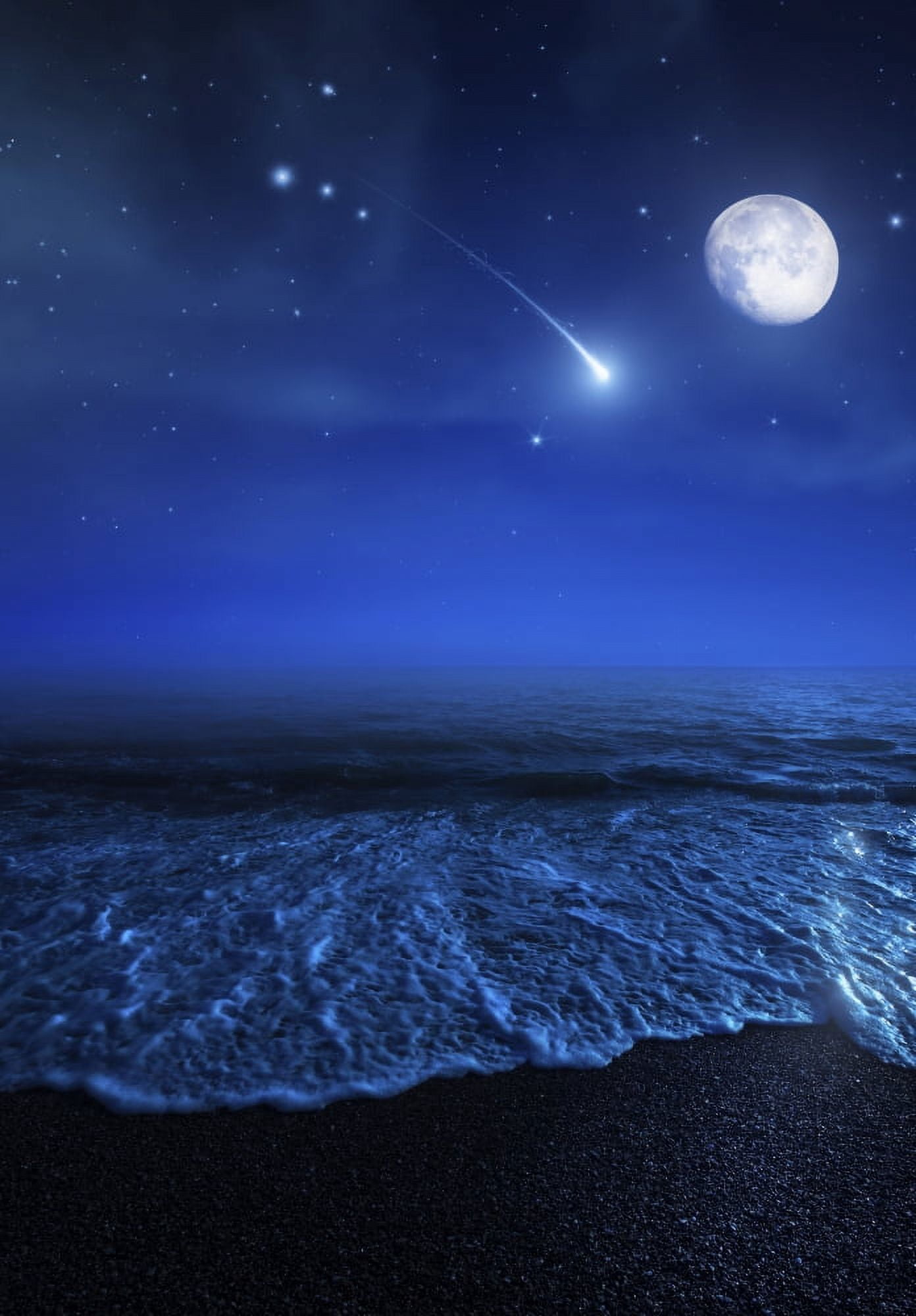 Tranquil ocean at night against starry sky moon and falling meteorite Canvas Art - Evgeny KuklevStocktrek Images (24 x 34)