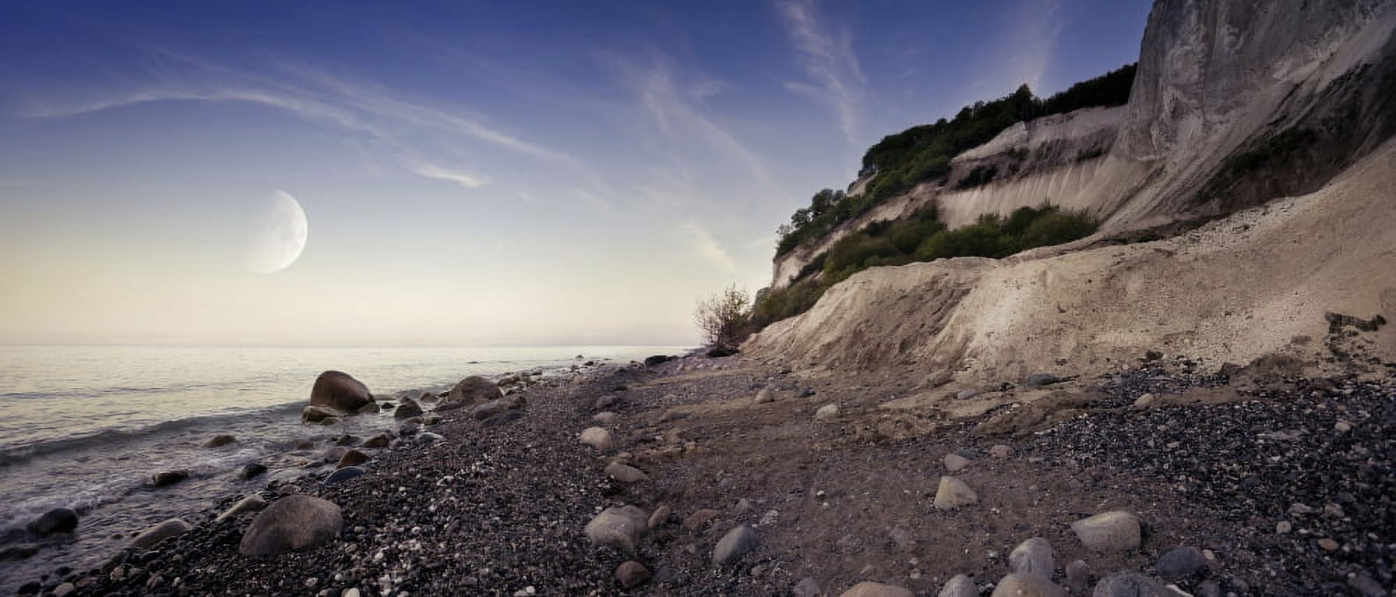 Tranquil seaside and Mons Klint cliffs against rising moon Denmark Canvas Art - Evgeny KuklevStocktrek Images (22 x 10)