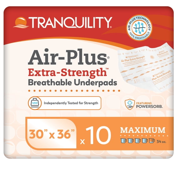 Tranquility AIR-Plus Extra-Strength Breathable Underpads, 30"x36", 34oz Absorbency, 100% Breathable, Supports Repositioning up to 450lbs, Latex-Free, 10ct Bag