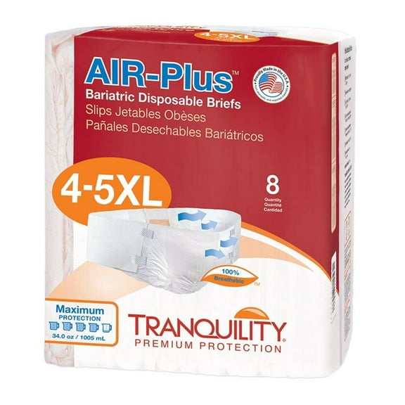 Tranquility Bariatric Disposable Briefs 4X-Large with AIR-Plus Fabric, High Waistline, Latex-Free, 32ct Case