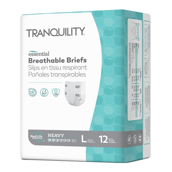 Tranquility Essential Adult Incontinence Brief L Heavy Absorbency Breathable, 2746, Heavy, 12 Ct
