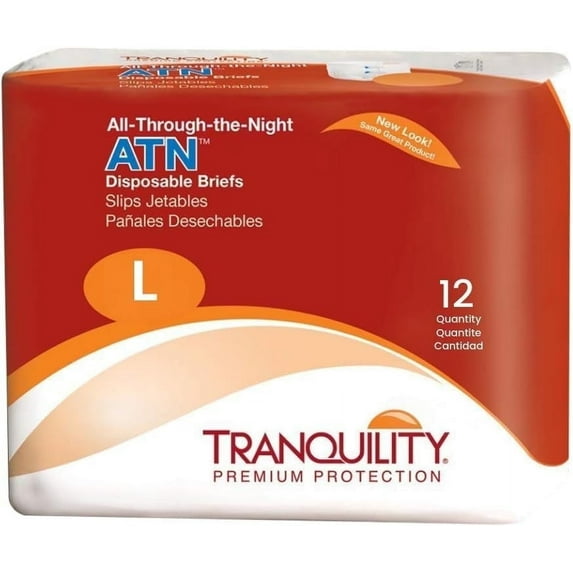 Tranquility Premium ATN Disposable Briefs with Tabs, Overnight Protection Superabsorbent Core for Leak-Free and Full-Fit Comfort, Large, 12ct Bag