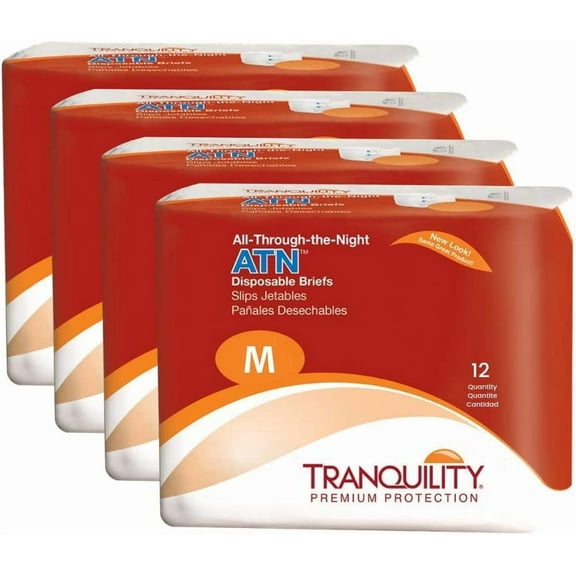 Tranquility Premium ATN Disposable Briefs with Tabs, Overnight Protection Superabsorbent Core for Leak-Free and Full-Fit Comfort, Medium, 48ct Case
