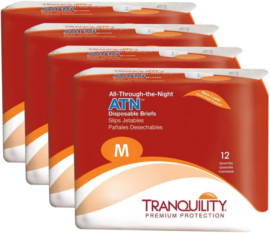 Tranquility Premium ATN Disposable Briefs with Tabs, Overnight Protection Superabsorbent Core for Leak-Free and Full-Fit Comfort, Medium, 48ct Case