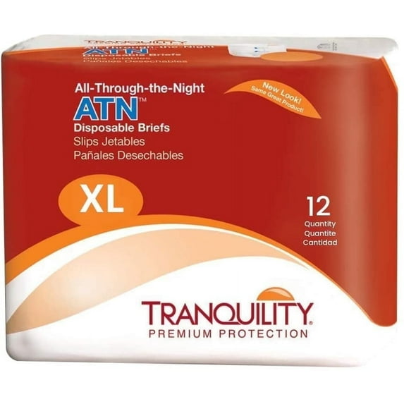 Tranquility Premium ATN Disposable Briefs with Tabs, Overnight Protection Superabsorbent Core for Leak-Free and Full-Fit Comfort, X-Large, 12ct Bag