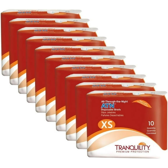 Tranquility Premium ATN Disposable Briefs with Tabs, Overnight Protection Superabsorbent Core for Leak-Free and Full-Fit Comfort, X-Small, 100ct Case