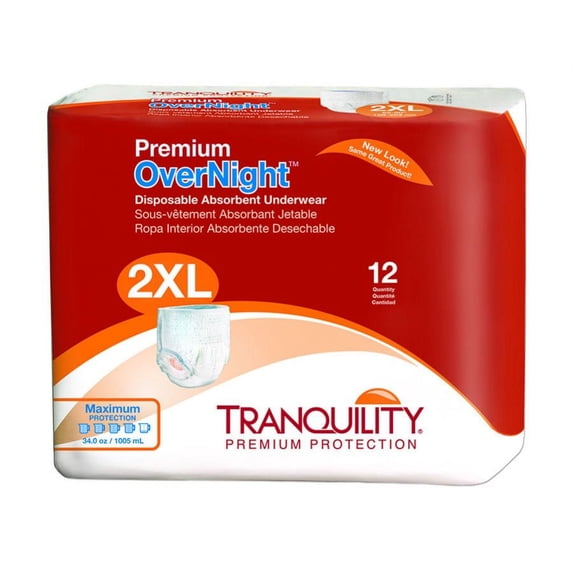Tranquility Premium Overnight Adult Underwear, XX-Large, Heavy Absorbency, Breathable, 2 Bags of 12