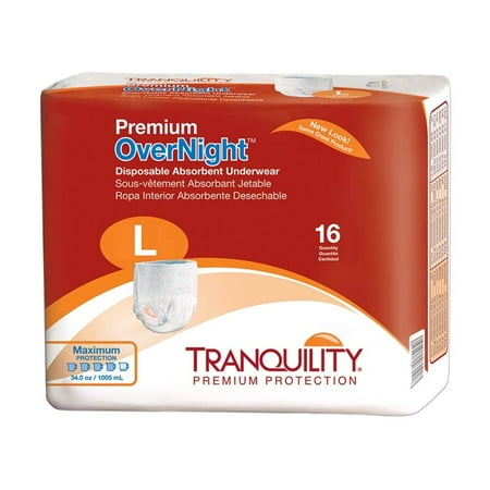 Tranquility Premium OverNight Disposable Absorbent Underwear, Large, Maximum Protection, 16 ct Bag