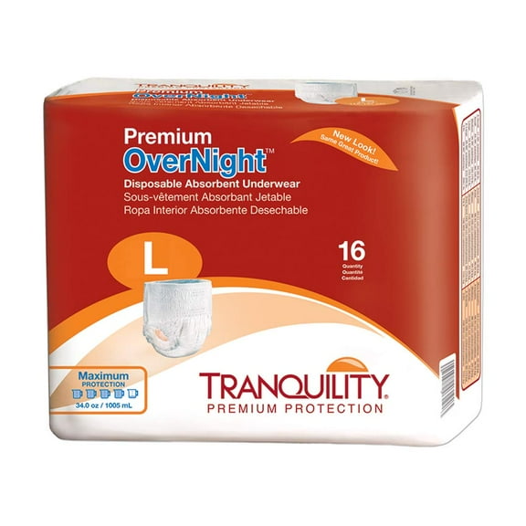 Tranquility Premium Overnight Disposable Absorbent Underwear, Large, Super-Absorbent, 64 ct Case