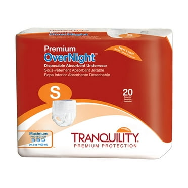 Tranquility Premium OverNight Disposable Absorbent Underwear, Small, Maximum Protection, 20 ct Bag