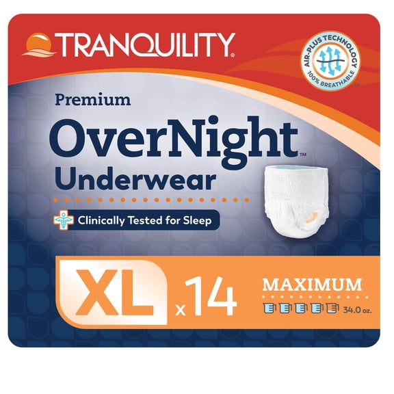 Tranquility Premium OverNight Disposable Absorbent Underwear, X-Large, Maximum Protection, 14 ct Bag
