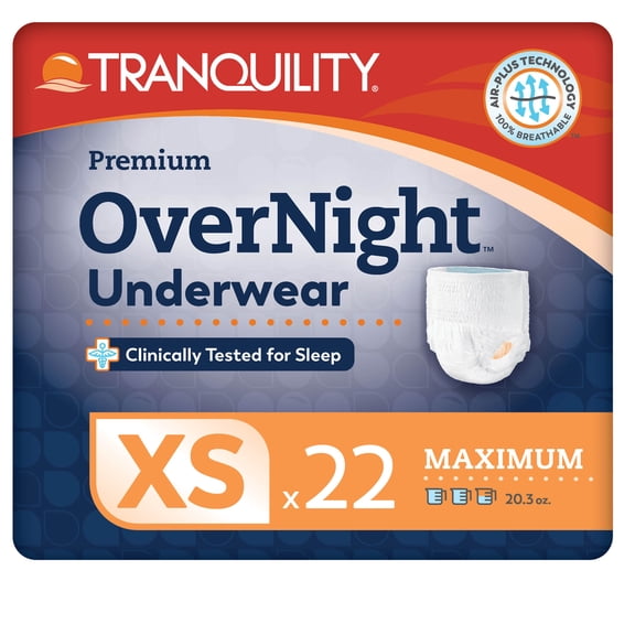 Tranquility Premium OverNight Disposable Absorbent Underwear, X-Small, Maximum Protection, 22 ct Bag
