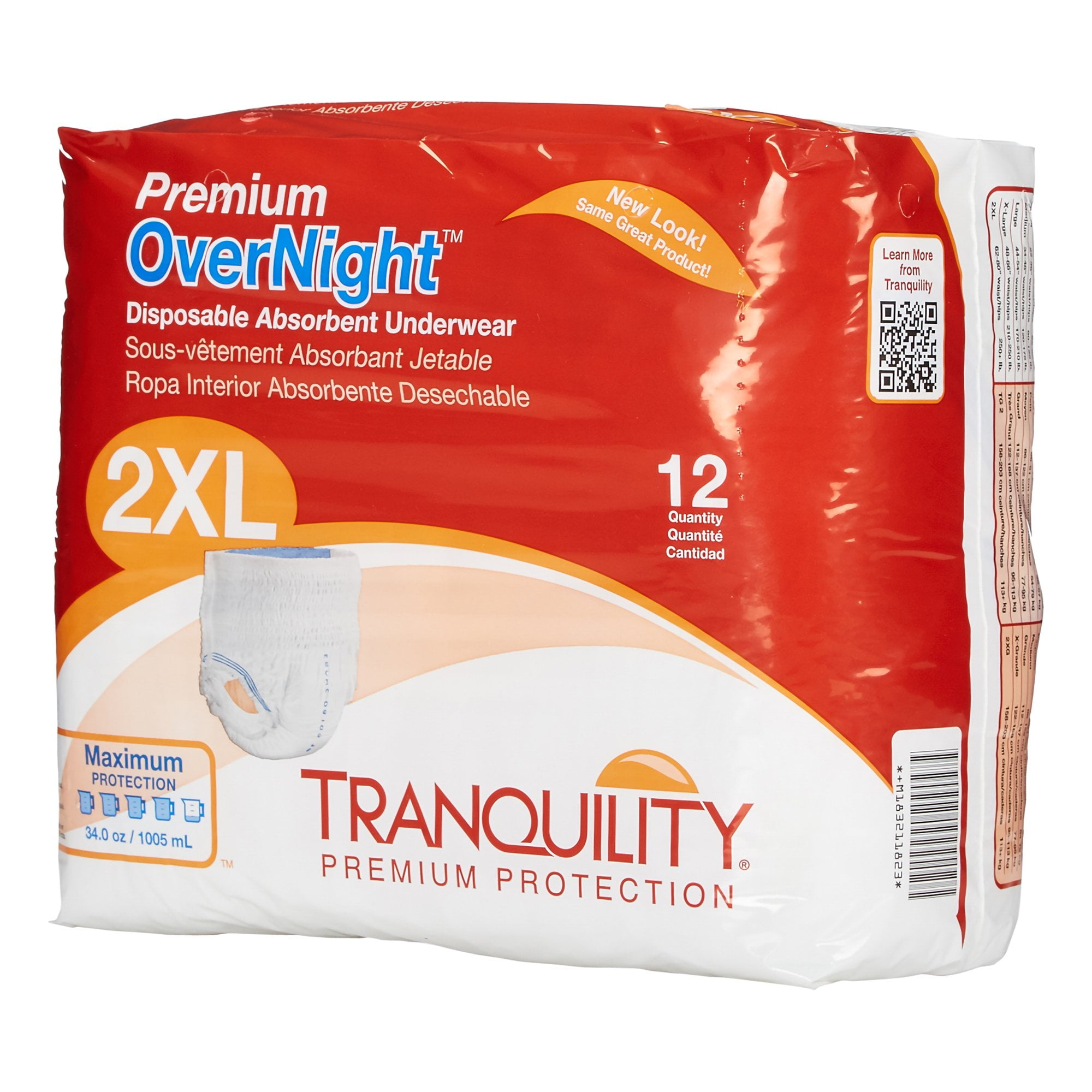 "Tranquility Premium OverNight Disposable Absorbent Underwear, XXL-Plus Size, 62""-80"", 250+ lbs, Case of 48"