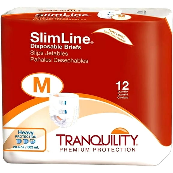 Tranquility Slimline Original Adult Disposable Brief, Medium, Incontinence Care with a Slimmer Fit, Latex-Free, 20.4oz Capacity, 12ct Bag