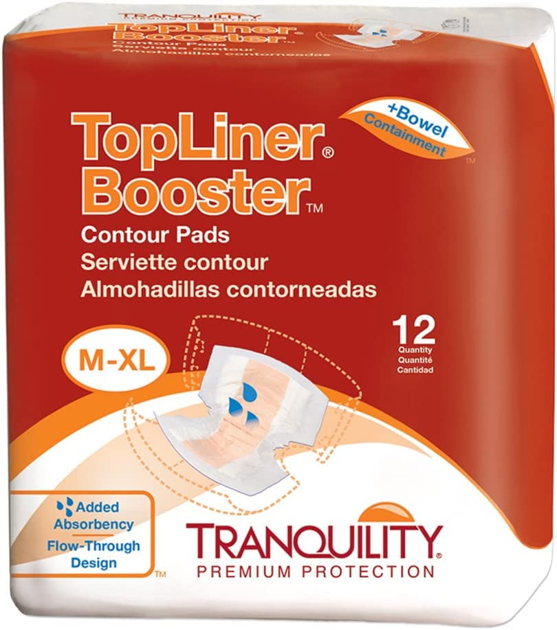 Tranquility TopLiner Disposable Absorbent Booster Contour Pads for Bowel Incontinence - Contour (21.5" x 13.5") - 5 Packs of 12 (60 Count)