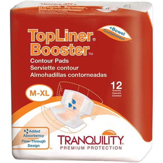 Tranquility TopLiner Disposable Absorbent Booster Contour Pads for Bowel Incontinence - Contour (21.5" x 13.5") - 5 Packs of 12 (60 Count)
