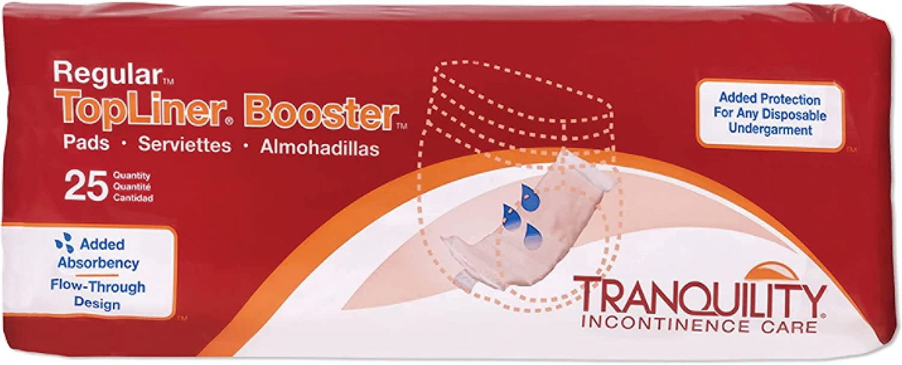 Tranquility TopLiner Disposable Booster Pads, Regular (14" x 4"), Flow-Through Design with Adhesive Strip for Max Absorption, Adult Unisex, 25ct Bag