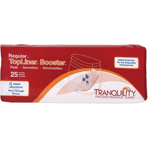 Tranquility TopLiner Disposable Booster Pads, Regular (14" x 4"), Flow-Through Design with Adhesive Strip for Max Absorption, Adult Unisex, 25ct Bag