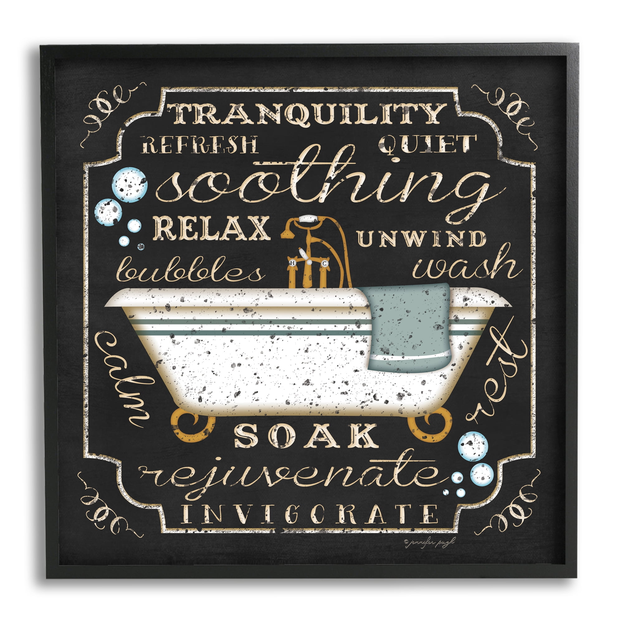 Tranquility Tub Icon Textual Bathroom Art Typography Framed Art Print Wall Art, 17x17