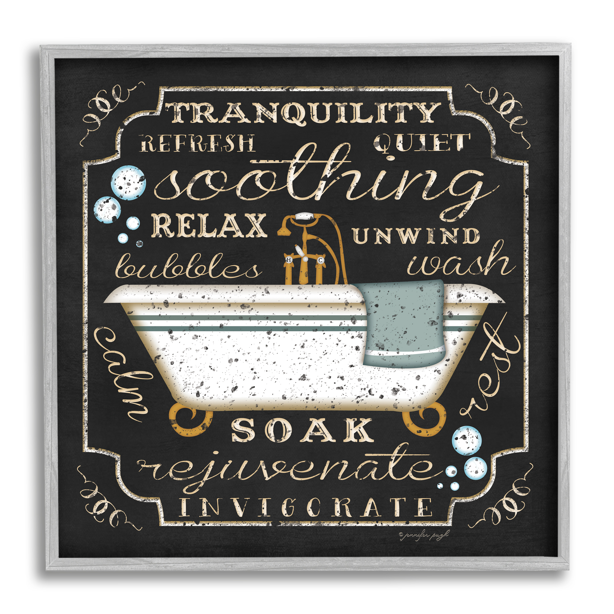 Tranquility Tub Icon Textual Bathroom Art Typography Framed Art Print Wall Art, 17x17