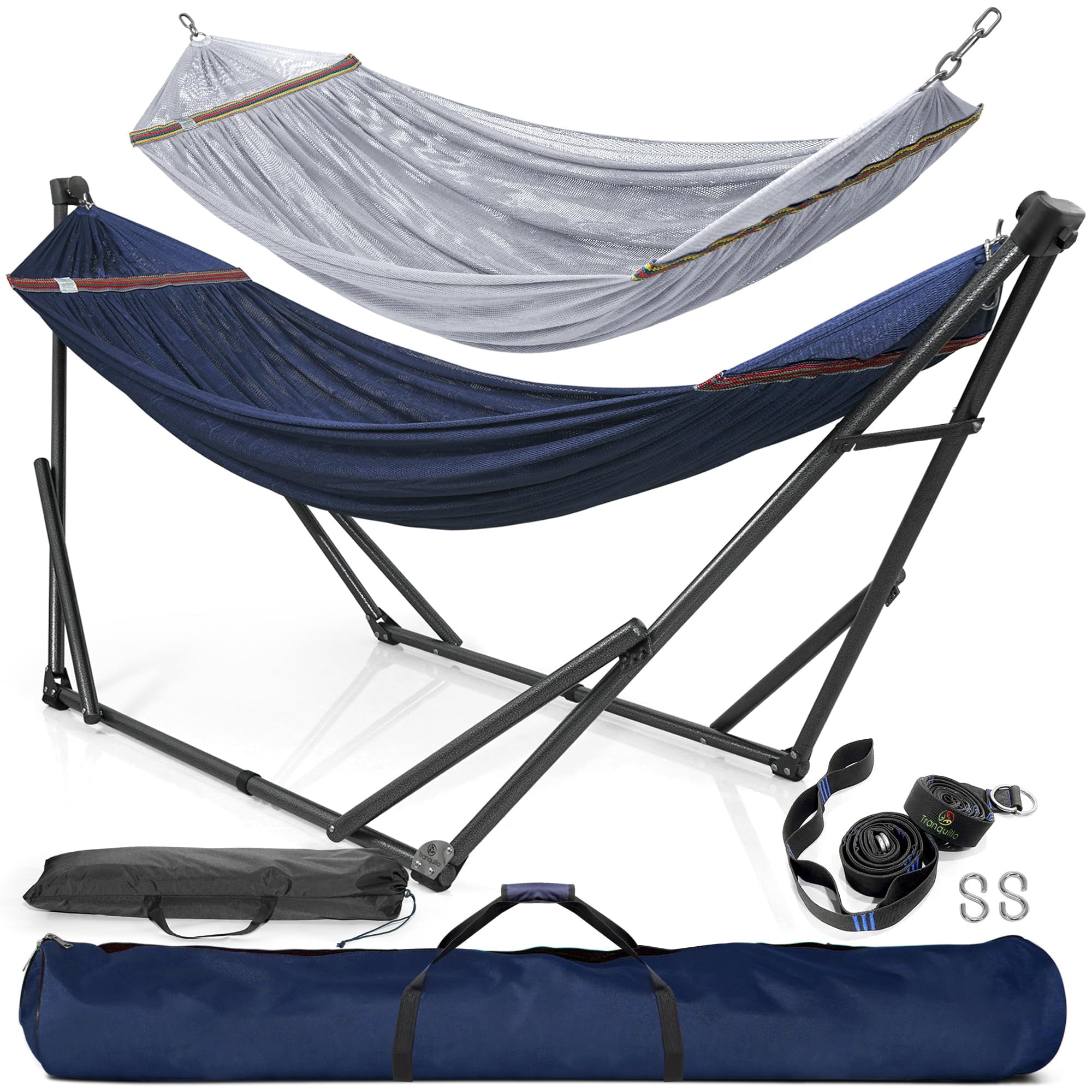 Tranquillo 600lb Capacity 2 Persons 2 Hammocks Included/Foldable Portable Hammocks with Stand, Tree Straps, Carry Bags for Garden Camping, Aegean