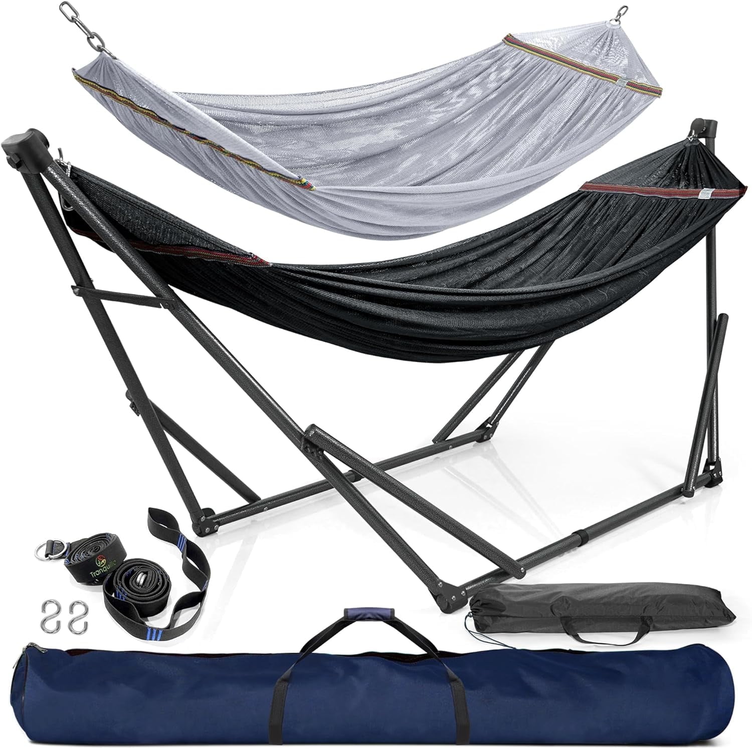 Tranquillo 600lb Capacity 2 Persons 2 Hammocks Included/Foldable Portable Hammocks with Stand, Tree Straps, Carry Bags for Garden Camping, Black