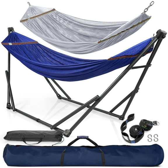 Tranquillo 600lb Capacity 2 Persons 2 Hammocks Included/Foldable Portable Hammocks with Stand, Tree Straps, Carry Bags for Garden Camping, Blue