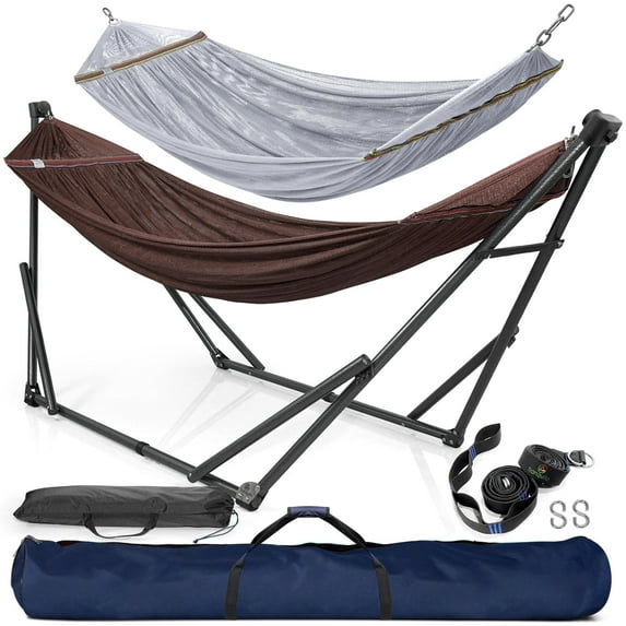 Tranquillo 600lb Capacity 2 Persons 2 Hammocks Included/Foldable Portable Hammocks with Stand, Tree Straps, Carry Bags for Garden Camping, Brown