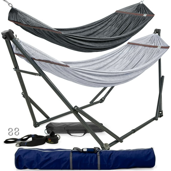 Tranquillo 600lb Capacity 2 Persons 2 Hammocks Included/Foldable Portable Hammocks with Stand, Tree Straps, Carry Bags for Garden Camping, Grey