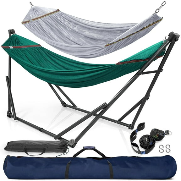 Tranquillo 600lb Capacity 2 Persons 2 Hammocks Included/Foldable Portable Hammocks with Stand, Tree Straps, Carry Bags for Garden Camping, Peacock