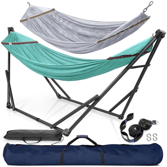 Tranquillo 600lb Capacity 2 Persons 2 Hammocks Included/Foldable Portable Hammocks with Stand, Tree Straps, Carry Bags for Garden Camping, Sky