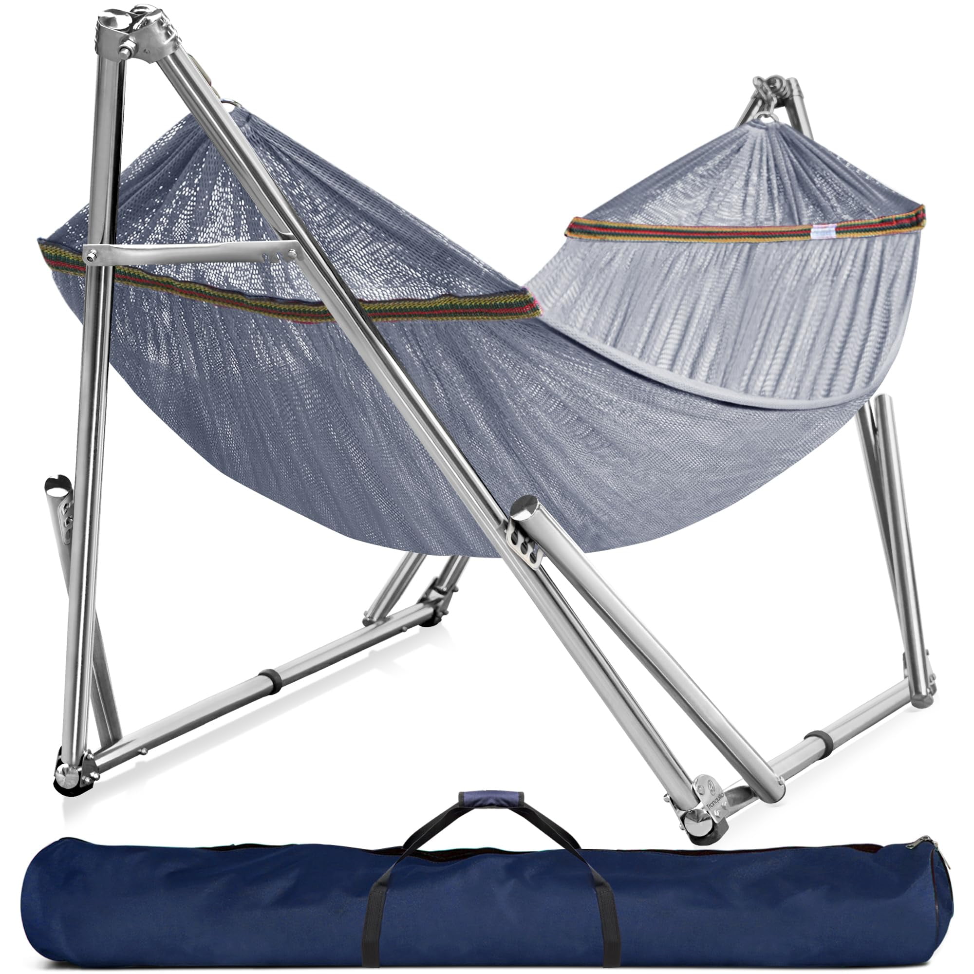 Gray Double Polyester Hammock with Collapsible Stainless Steel Stand