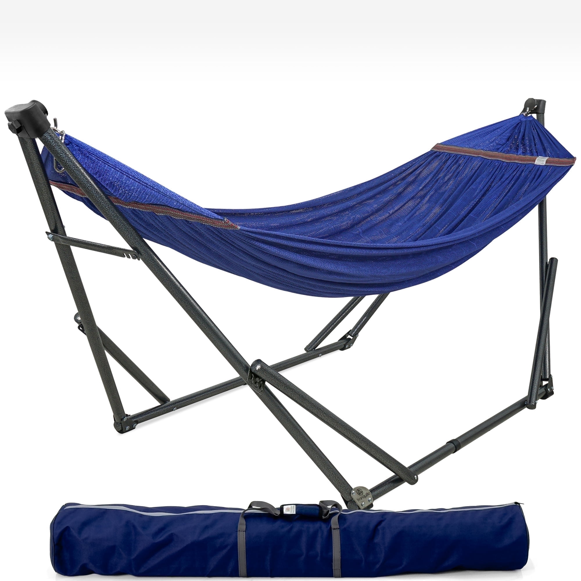 Tranquillo Camping Hammock and Stand, Collapsible Camping Hammock and Stand, 600 lbs Capacity Foldable Hammock for 2 Persons, Premium Noiseless No Screws Heavy Duty Multifunctional Stand, Blue