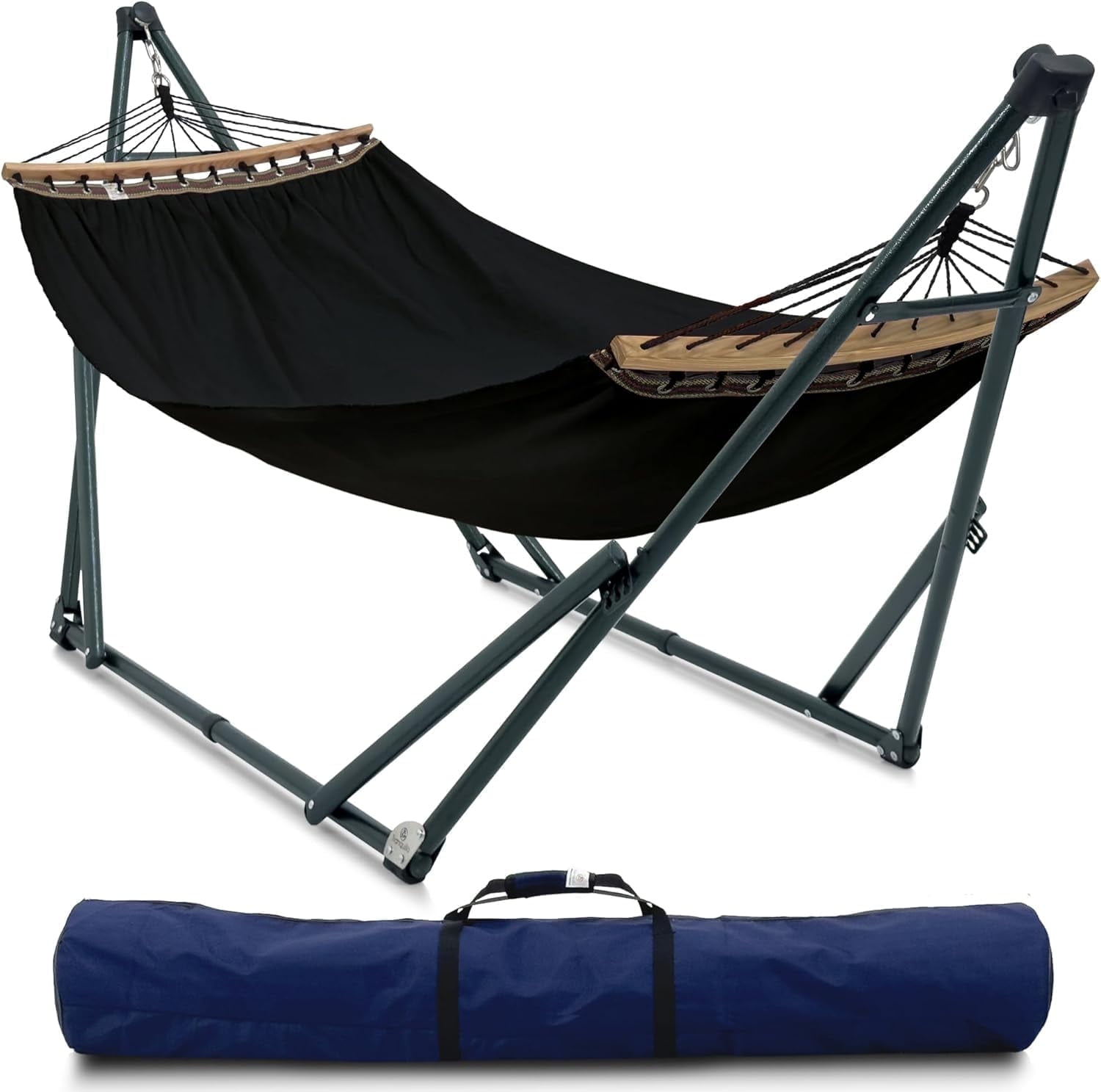 Tranquillo Ultimate Relaxation Portable&Foldable Hammock Stand, Hammock Net Canvas with Spreader Bar, Quick Fold Unfold in 30 Seconds Steel Frame Hammock 600 lbs Capacity, Green Frame/Black