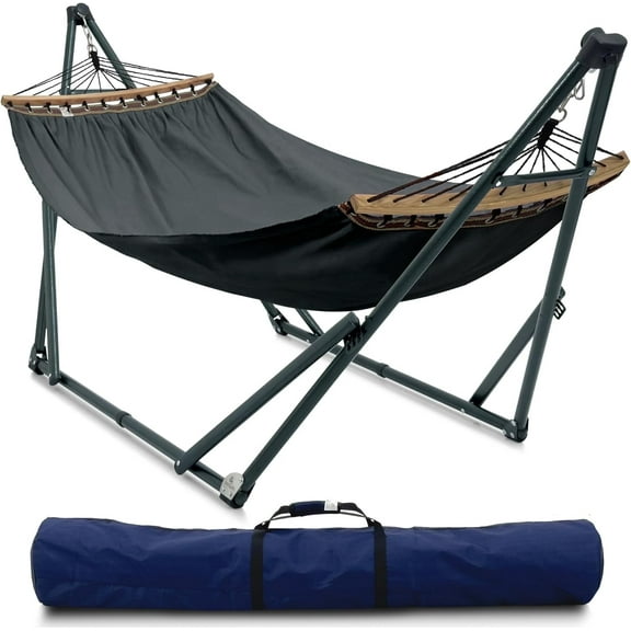 Tranquillo Ultimate Relaxation Portable&Foldable Hammock Stand, Hammock Net Canvas with Spreader Bar, Quick Fold Unfold in 30 Seconds Steel Frame Hammock 600 lbs Capacity, Green Frame/Grey