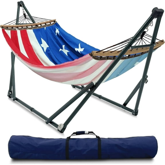Tranquillo Universal Hammock with Stands Electro Static Coated Steel, Adjustable Foldable Hammock Stand with 2 Layered Polyester Net and Carry Bag for 2 Persons, American Flag