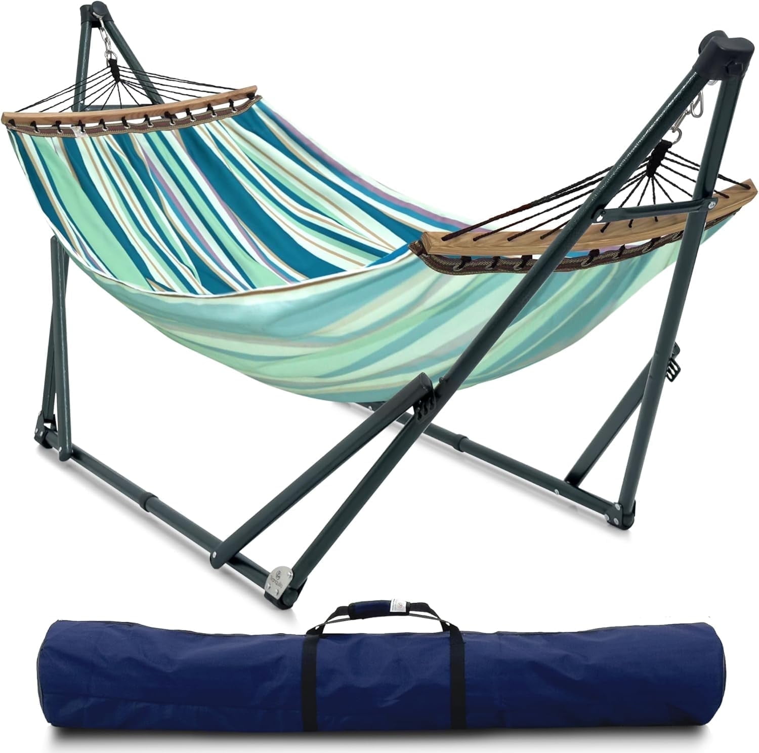 Tranquillo Universal Hammock with Stands Electro Static Coated Steel, Adjustable Foldable Hammock Stand with 2 Layered Polyester Net and Carry Bag for 2 Persons. Canvas - Blue Leaf