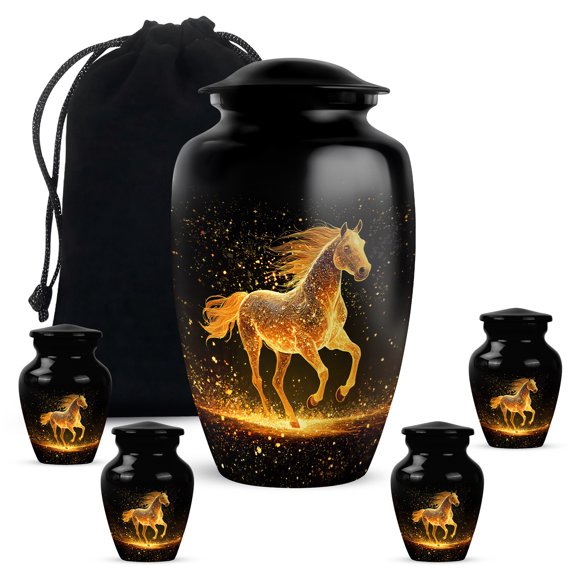 Tranqurn Golden Horse Urn for Ashes Adult Male Female - Combo of 10 Inch Large Cremation Black Urn for Human Remains & 3 Inch Mini Keepsake - Burial Urn for Brother Sister Ashes