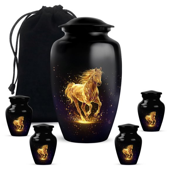 Tranqurn Golden Horse Urn for Human Ashes - Combo of 5 - 10 Inch Large & 3 Inch Keepsake Urns for Adult Ashes Male Female - Cremation Funeral Burial Memorial Black Urn