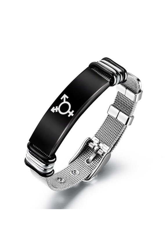 Trans Bracelet Transgender Symbol Stainless Steel Gender Identity Mesh Cuff Bangle Male Female Trans Pride LGBTQ Gay Support Jewelry, Adjustable, Black