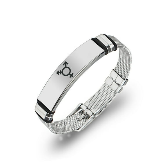 Trans Bracelet Transgender Symbol Stainless Steel Gender Identity Mesh Cuff Bangle Male Female Trans Pride LGBTQ Gay Support Jewelry, Adjustable, Silver