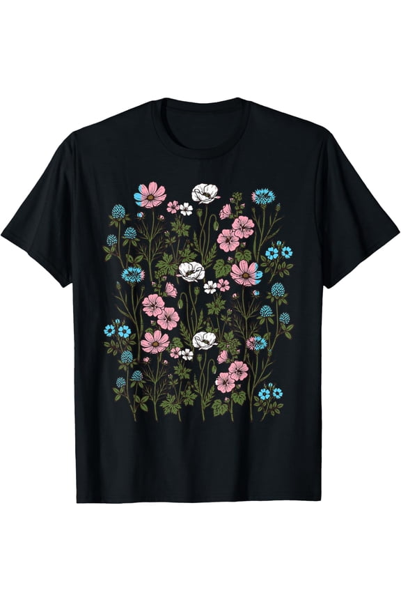 Trans Colors Wildflowers Transgender Pride LGBTQ Women Men T-Shirt- Classic Vintage floral shirt Unisex 100% Cotton Crew Neck T-Shirt Breathable Casual Everyday Wear Affordable Graphic Soft Cheap t s