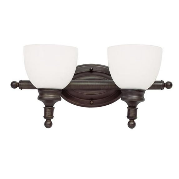 Two Light Rubbed Oil Bronze White Opal Glass Vanity