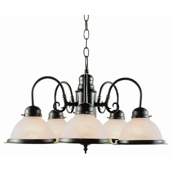 Five Light Rubbed Oil Bronze Marbleized Tea Stain Glass Down Chandelier