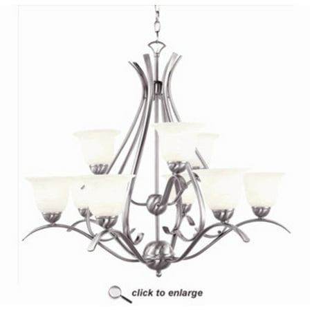 Nine Light Brushed Nickel White Marbleized Glass Up Chandelier