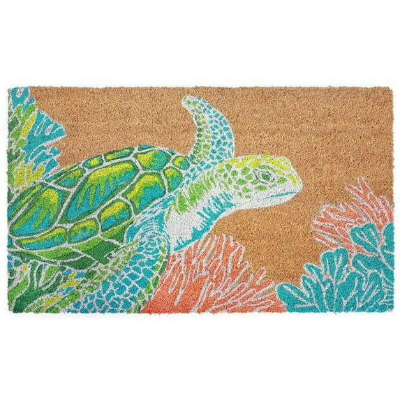NATURA Outdoor Machine Made Coir Outdoor Mat - Transitional Graphic Botanical Beach Colorful (Seaturtle Neutral) (2' x 3')