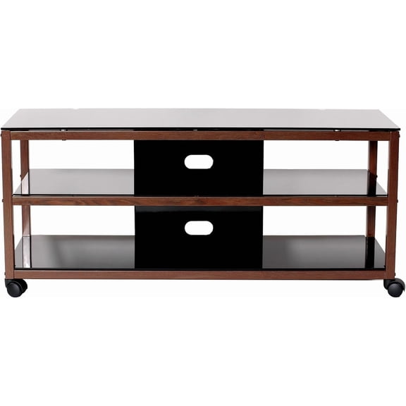 TransDeco TV Stand with Casters & 2 AV Shelves for Flat Panel TVs, 50" X 18" X 21.9", Dark Oak/Black
