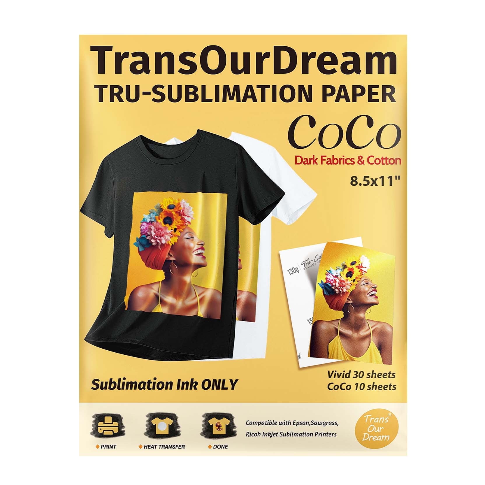 TransOurDream CoCo Tru-Sublimation HTV for Dark Fabric and Cotton 8.5x11"(Vivid Sublimation Paper 30 Sheets & CoCo Fabric Sublimatoin Vinyl 10 Sheets for Shirts/Bag/Hat/Pillow/Canvas)