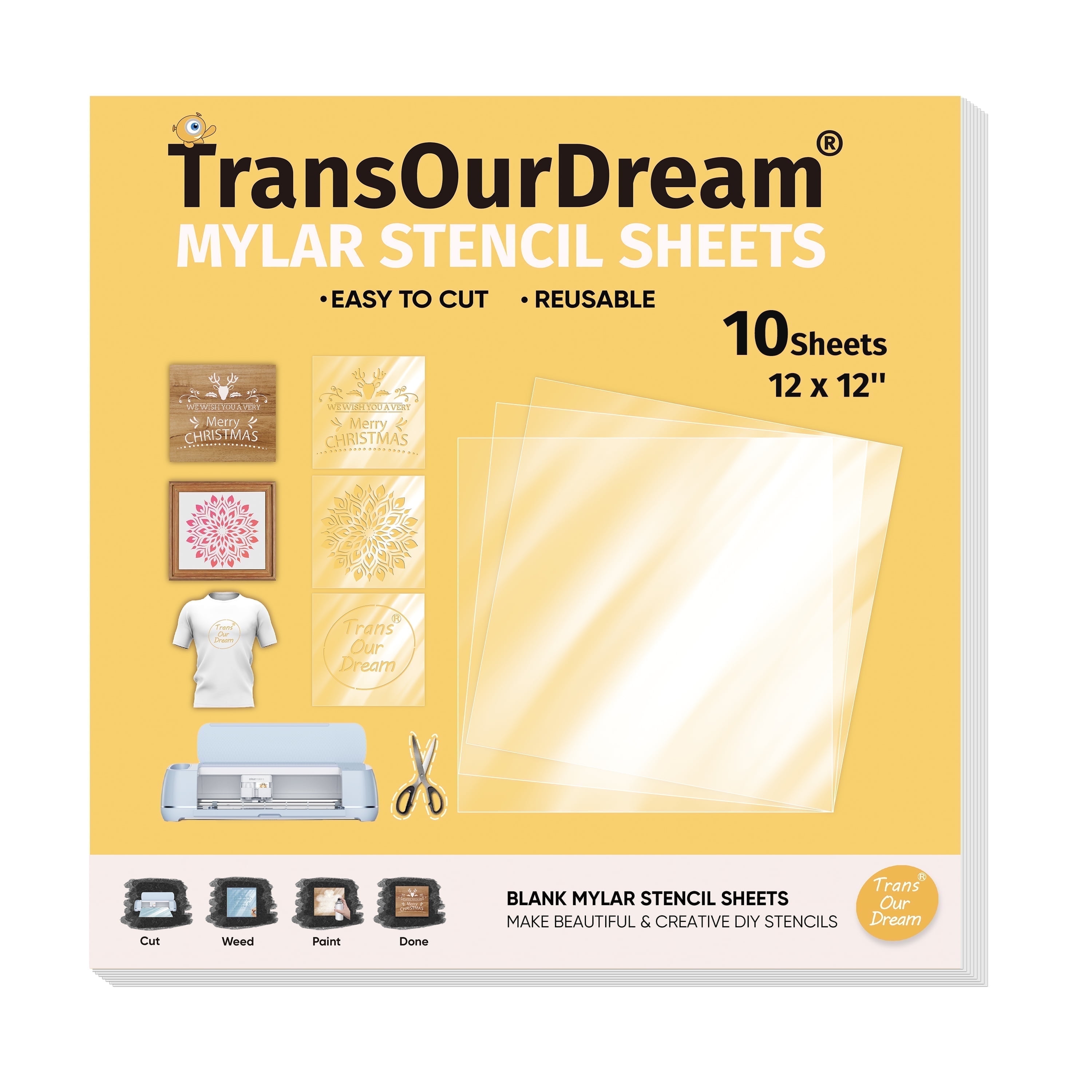 TransOurDream Easy Cut Stencils for Crafts (12"x12", 10 Sheets) Reusable Acetate Mylar for Vinyl Cutting Plastic Blanks Sheets for Spray Painting, Drawing (PET-10)